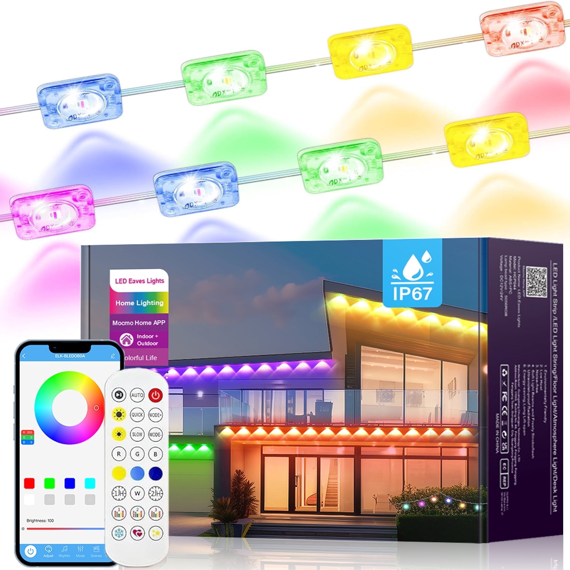 Permanent Outdoor Lights 50ft, Smart RGB+IC App Control Outdoor Lights with 24 LEDs, LED Eaves Lights IP67 Waterproof, House Roof Outdoor Lighting for Party, Daily, Halloween, Christmas, Garden