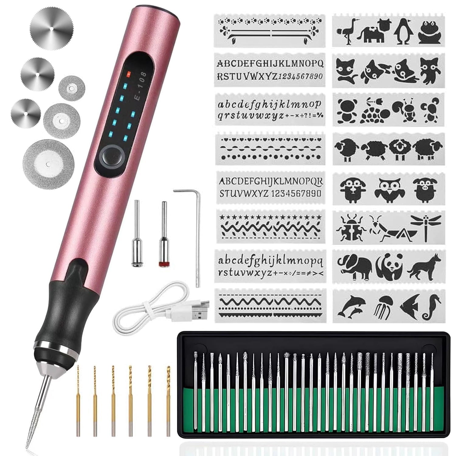 Wiher Electric Engraving Pen Kit with 42 Bits, Mini Electric DIY Engraver Cordless Rotary Tools Portable Engraving Tool for Jewelry Wood Metal Stone Plastic Glass Etching (Pink)