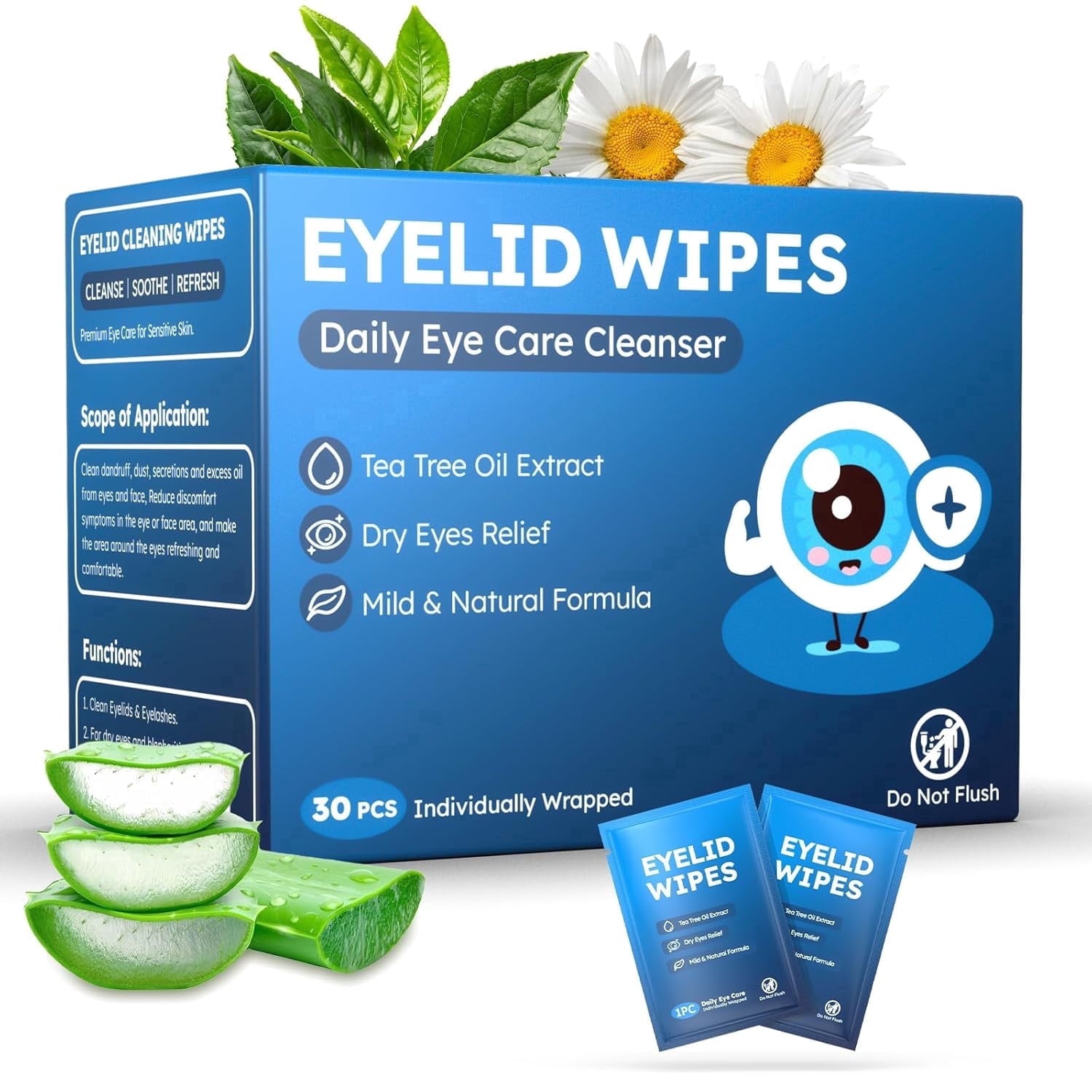 30PCS Tea Tree Oil Eyelid Wipes,Individually Wrapped Eye Lid Cleaning Wipes，Soothing For Sensitive Eyes, Stay Hydrated Lid Wipe