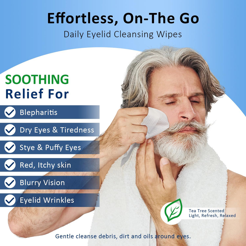 30PCS Tea Tree Oil Eyelid Wipes,Individually Wrapped Eye Lid Cleaning Wipes，Soothing For Sensitive Eyes, Stay Hydrated Lid Wipe