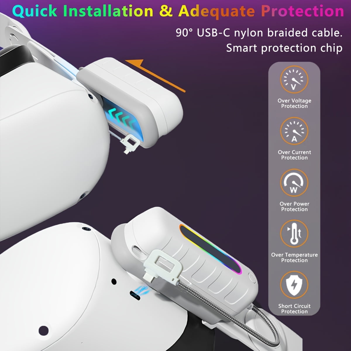 Battery Pack for Oculus Quest 2/3/3S RGB Light 5000mah Battery Pack For Meta Quest 2/Quest 3/Quest 3S VR Mini Power Bank High Speed VR Extend Battery Accessories Extra 2H-4H Playtime