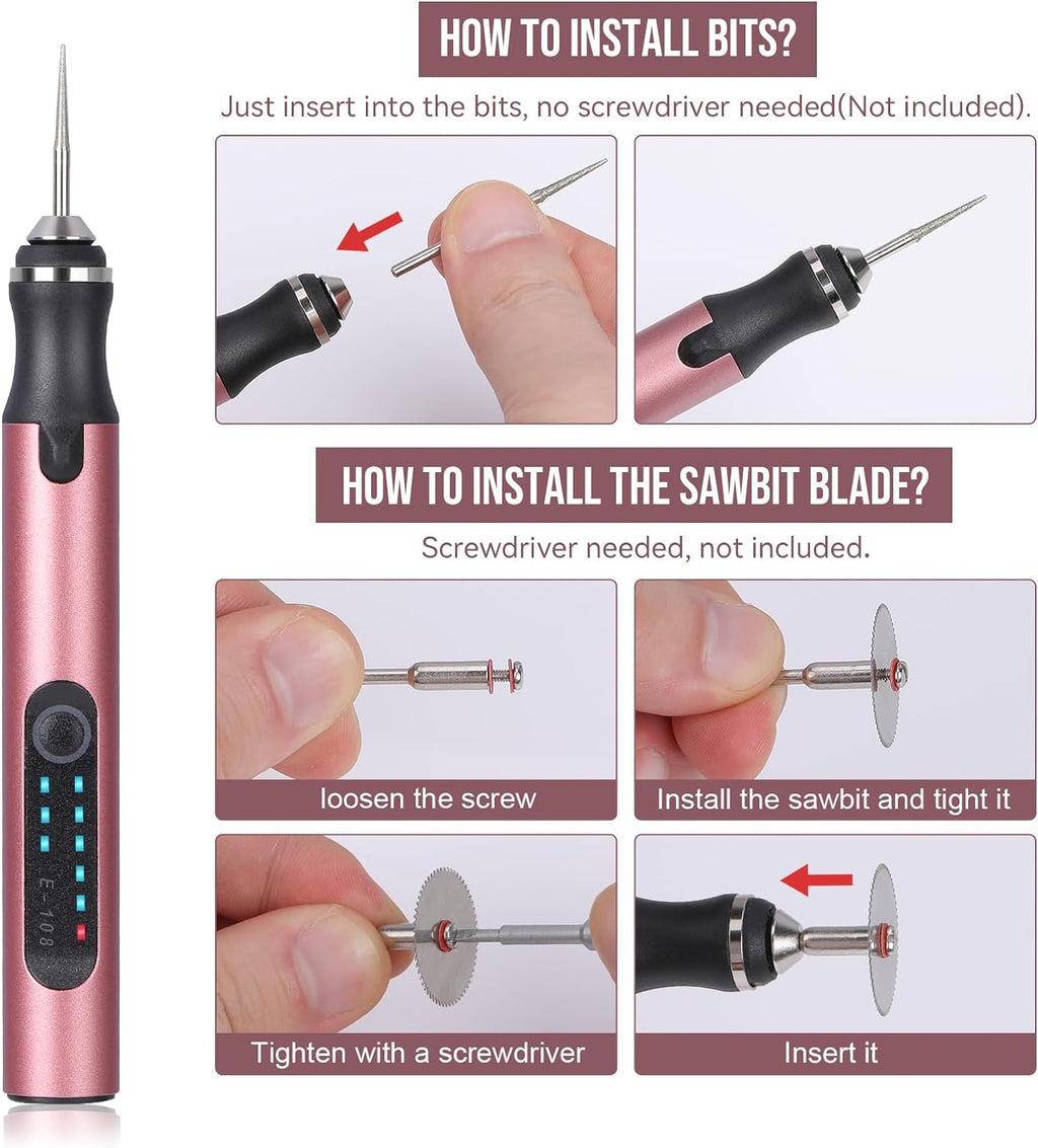 Wiher Electric Engraving Pen Kit with 42 Bits, Mini Electric DIY Engraver Cordless Rotary Tools Portable Engraving Tool for Jewelry Wood Metal Stone Plastic Glass Etching (Pink)