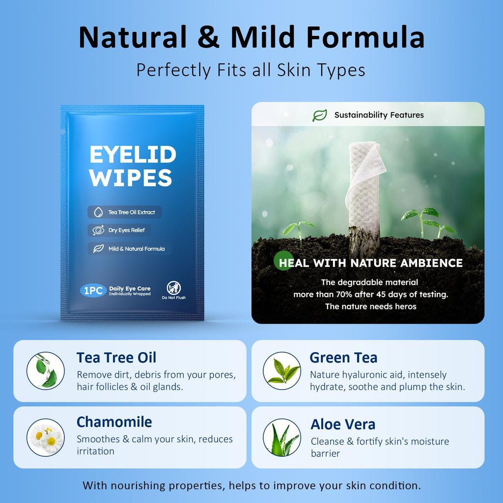 30PCS Tea Tree Oil Eyelid Wipes,Individually Wrapped Eye Lid Cleaning Wipes，Soothing For Sensitive Eyes, Stay Hydrated Lid Wipe