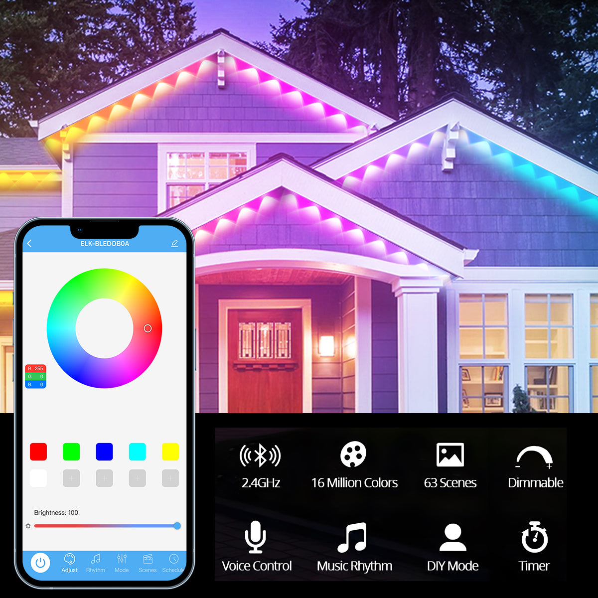 Permanent Outdoor Lights 50ft, Smart RGB+IC App Control Outdoor Lights with 24 LEDs, LED Eaves Lights IP67 Waterproof, House Roof Outdoor Lighting for Party, Daily, Halloween, Christmas, Garden
