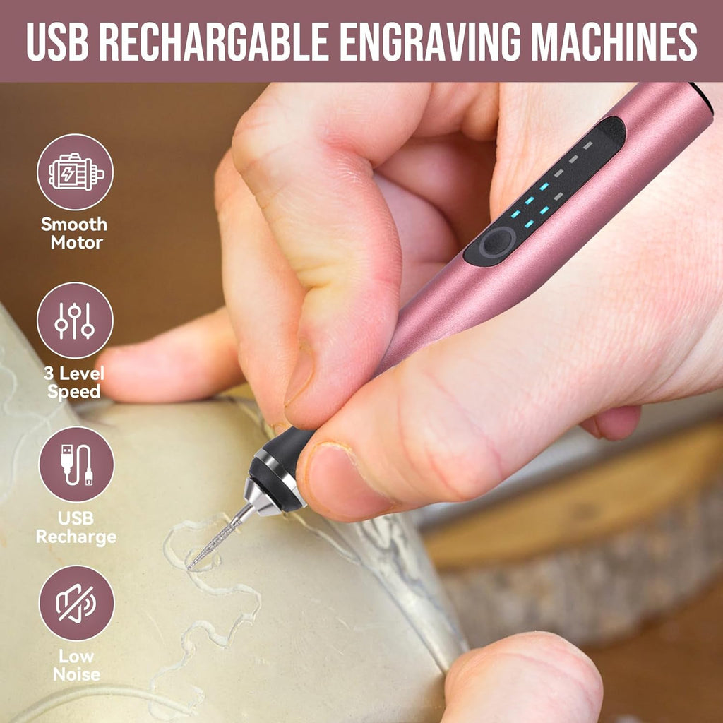 Wiher Electric Engraving Pen Kit with 42 Bits, Mini Electric DIY Engraver Cordless Rotary Tools Portable Engraving Tool for Jewelry Wood Metal Stone Plastic Glass Etching (Pink)
