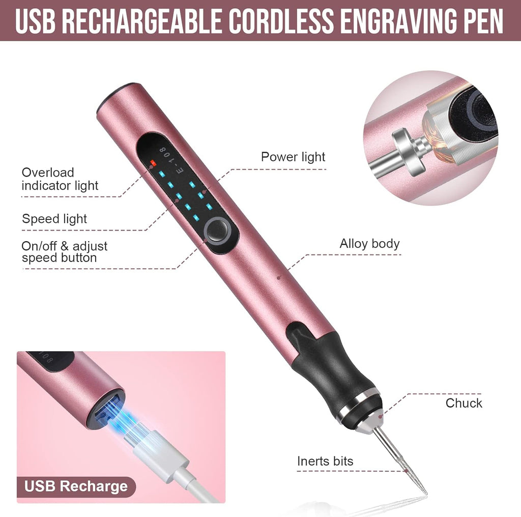 Wiher Electric Engraving Pen Kit with 42 Bits, Mini Electric DIY Engraver Cordless Rotary Tools Portable Engraving Tool for Jewelry Wood Metal Stone Plastic Glass Etching (Pink)
