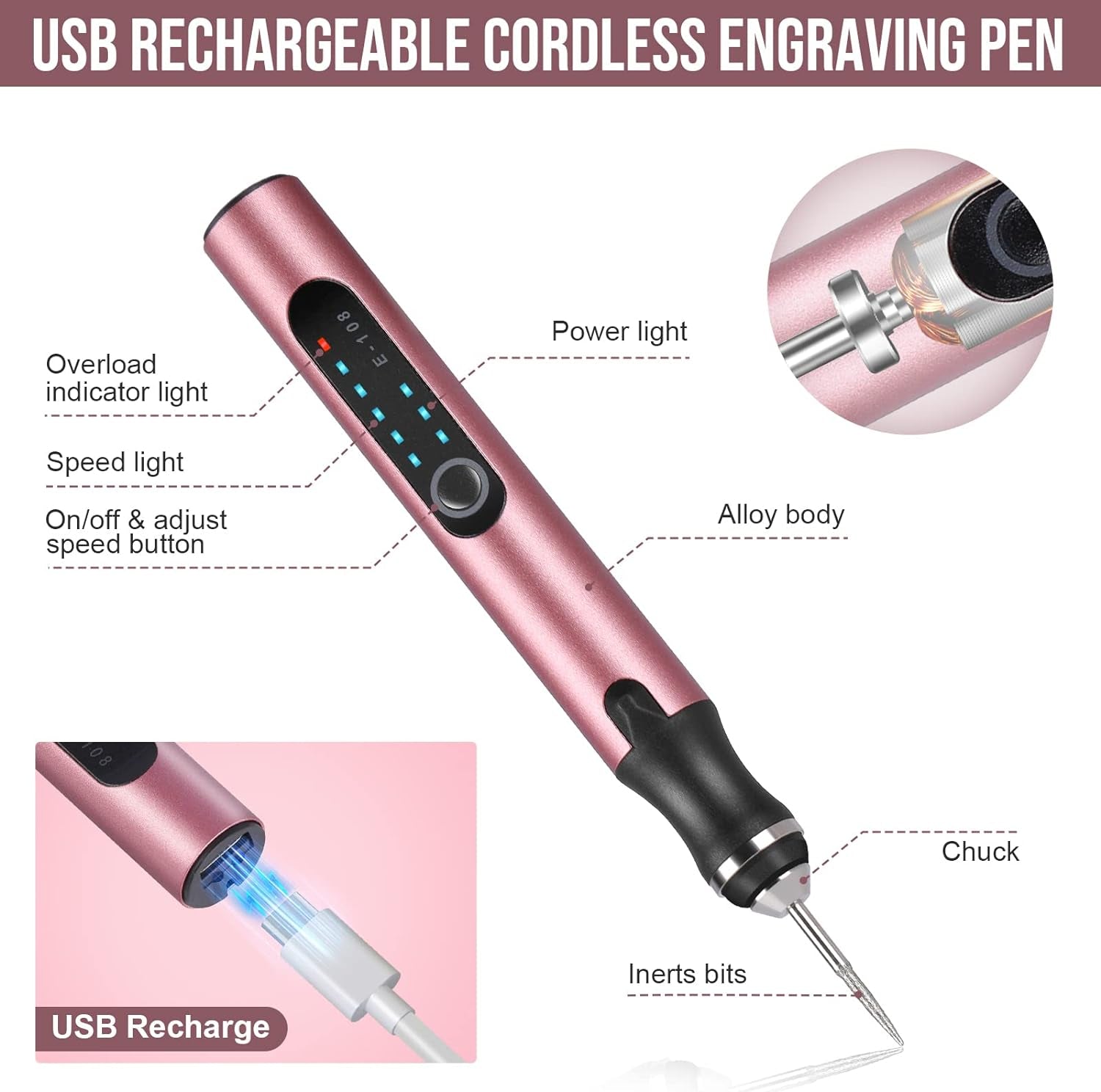 Wiher Electric Engraving Pen Kit with 42 Bits, Mini Electric DIY Engraver Cordless Rotary Tools Portable Engraving Tool for Jewelry Wood Metal Stone Plastic Glass Etching (Pink)