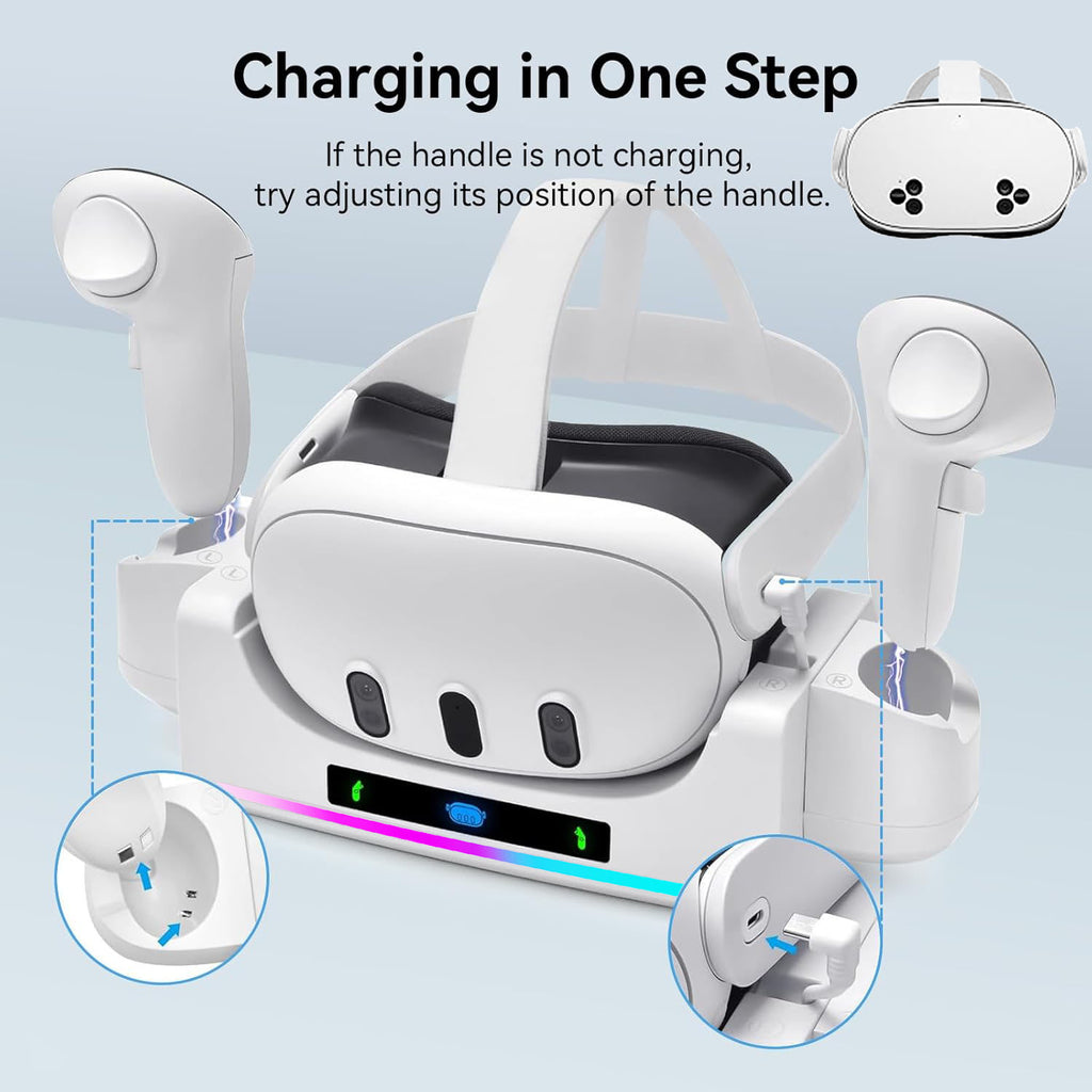 RGB Charging Dock for Oculus Quest 3/3S Charging Stand for Meta Quest 3S Controller and Headset with 2 Rechergeable Batteries Battery Cover