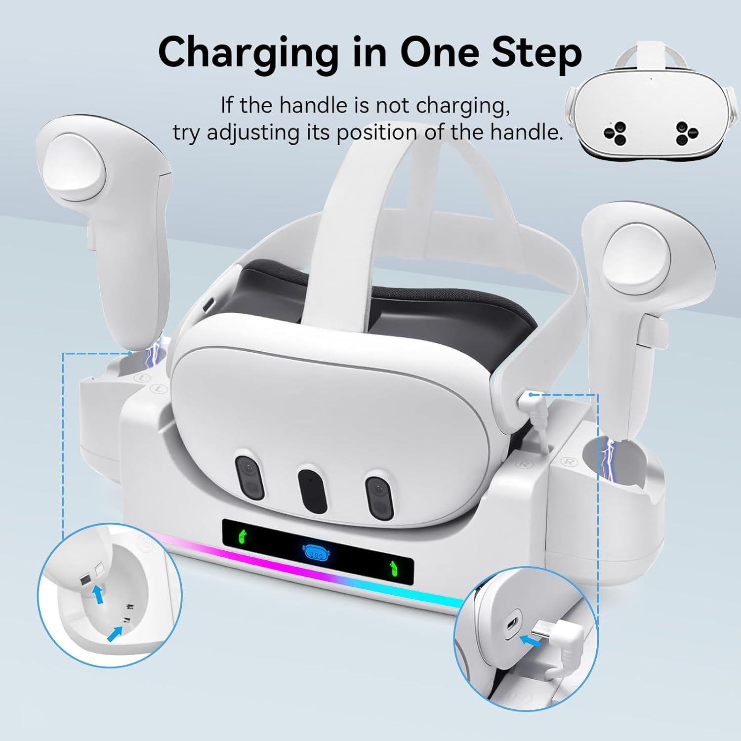 RGB Charging Dock for Oculus Quest 3/3S Charging Stand for Meta Quest 3S Controller and Headset with 2 Rechergeable Batteries Battery Cover