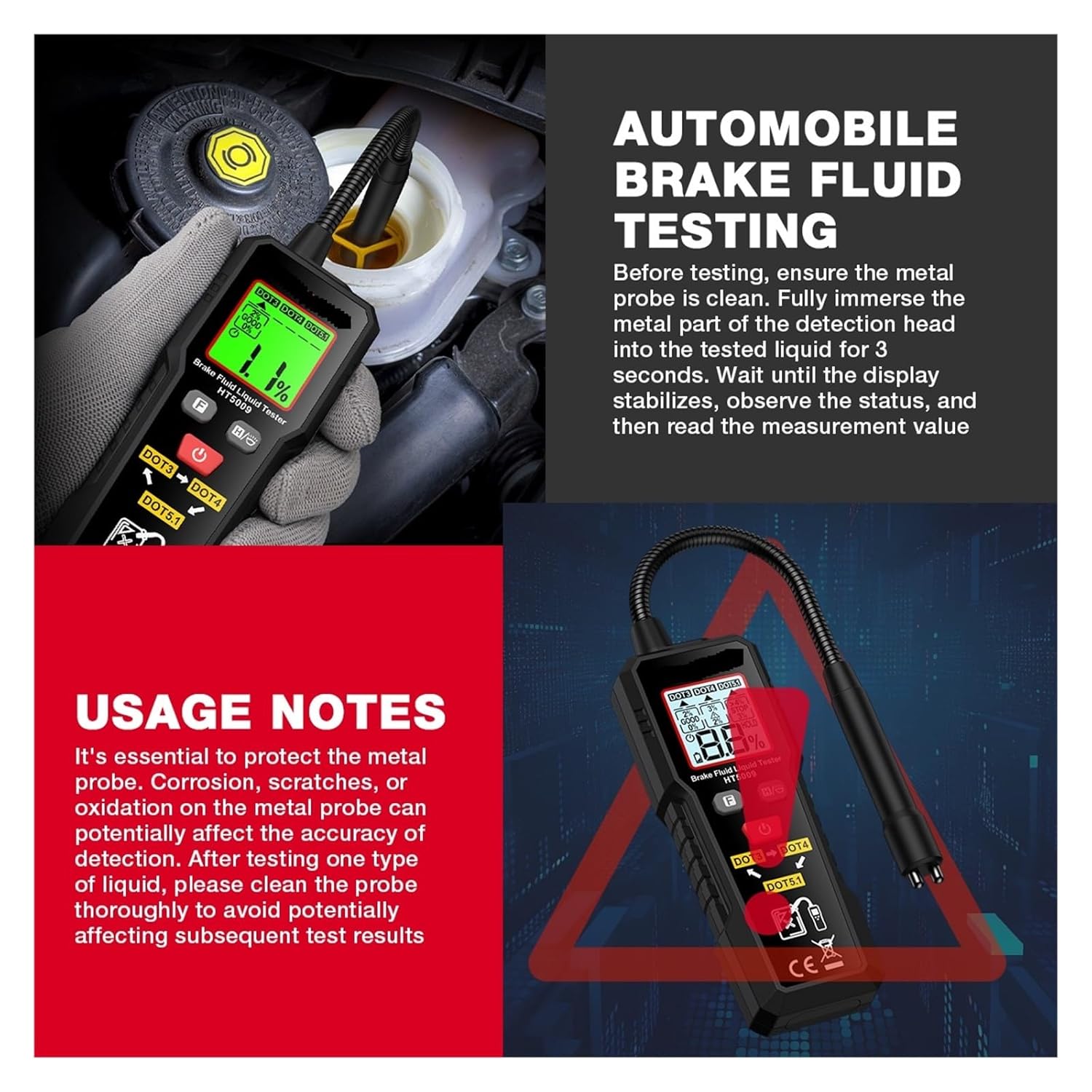 8.5-inch Digital Brake Fluid Tester Brake Fluid Moisture Tester with Light LCD Screen Data Hold 3 Colors Alarm for Auto Care for DOT3 DOT4 DOT5.1