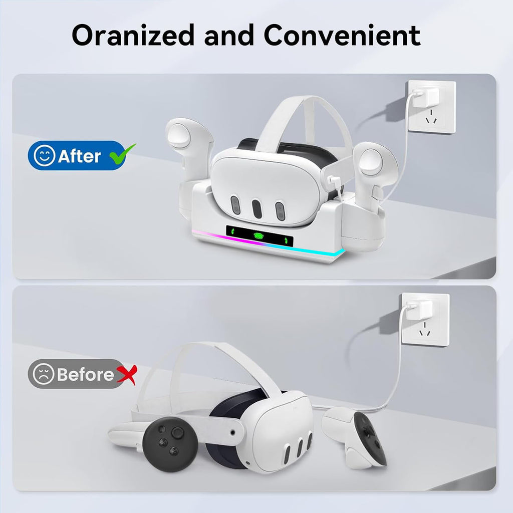 RGB Charging Dock for Oculus Quest 3/3S Charging Stand for Meta Quest 3S Controller and Headset with 2 Rechergeable Batteries Battery Cover