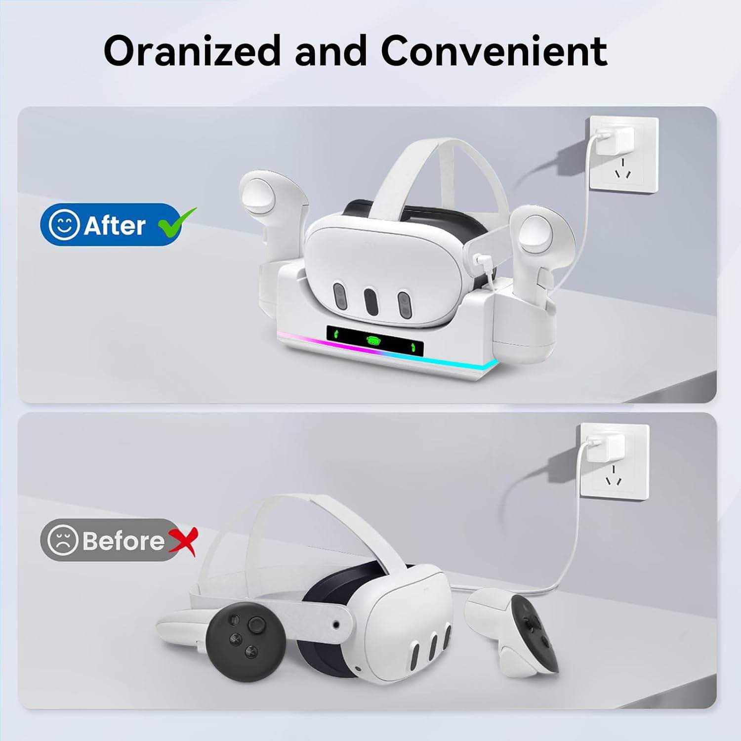 RGB Charging Dock for Oculus Quest 3/3S Charging Stand for Meta Quest 3S Controller and Headset with 2 Rechergeable Batteries Battery Cover