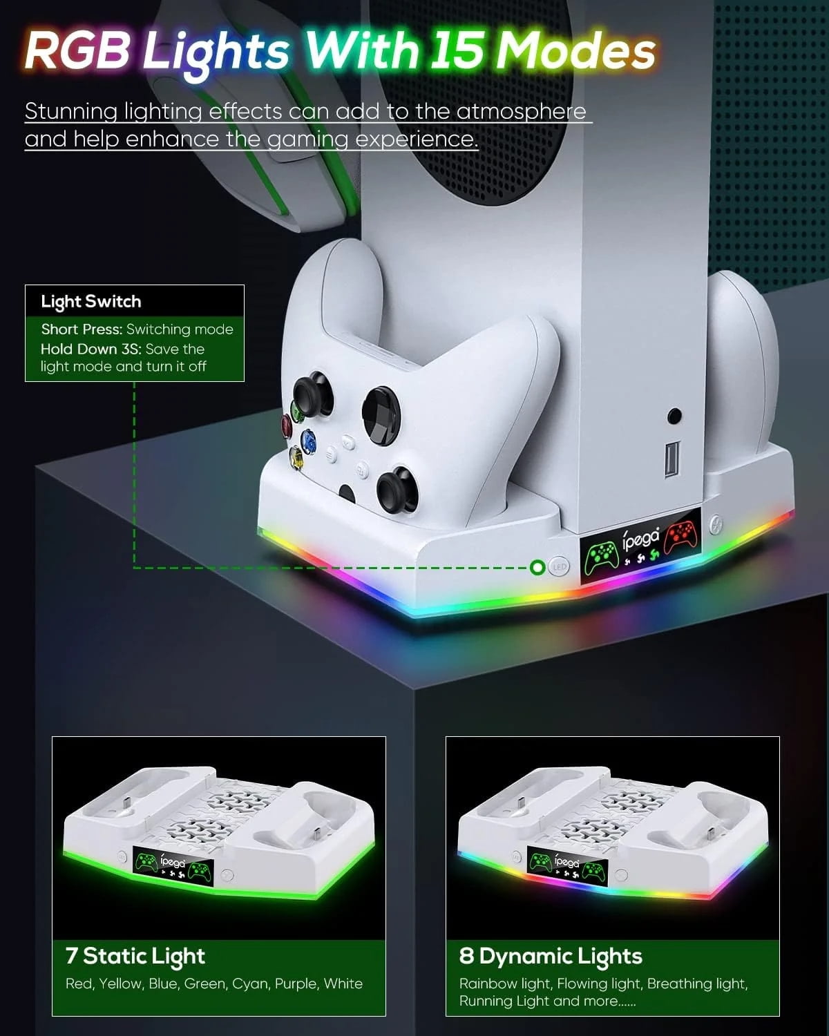 Cooling Stand & Charging Station for Xbox Series S with RGB Light - Dual Controller Charger & Cooler Fan for Xbox Series S Accessories with 2*1400mAH Batteries and Headphone Hook