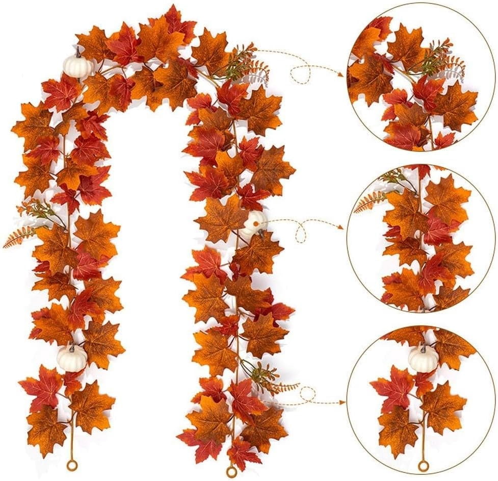 2 Pack Fall Maple Leaf Garland 5.9ft/Piece Artificial Autumn Maple Leaves Decorations Garland with White Pumpkin Fall Thanksgiving Decorations for Home Door Mantel Fireplace Decor Orange