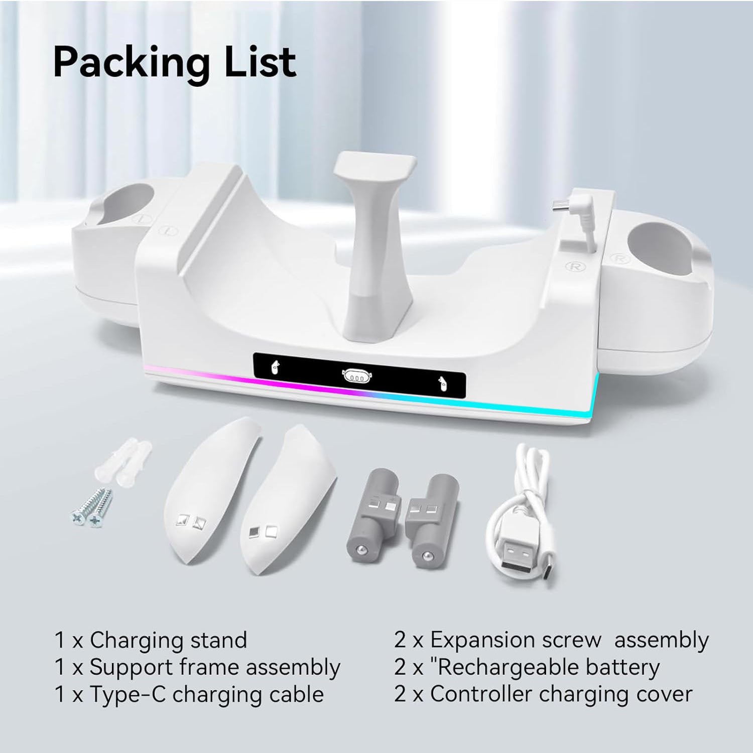 RGB Charging Dock for Oculus Quest 3/3S Charging Stand for Meta Quest 3S Controller and Headset with 2 Rechergeable Batteries Battery Cover