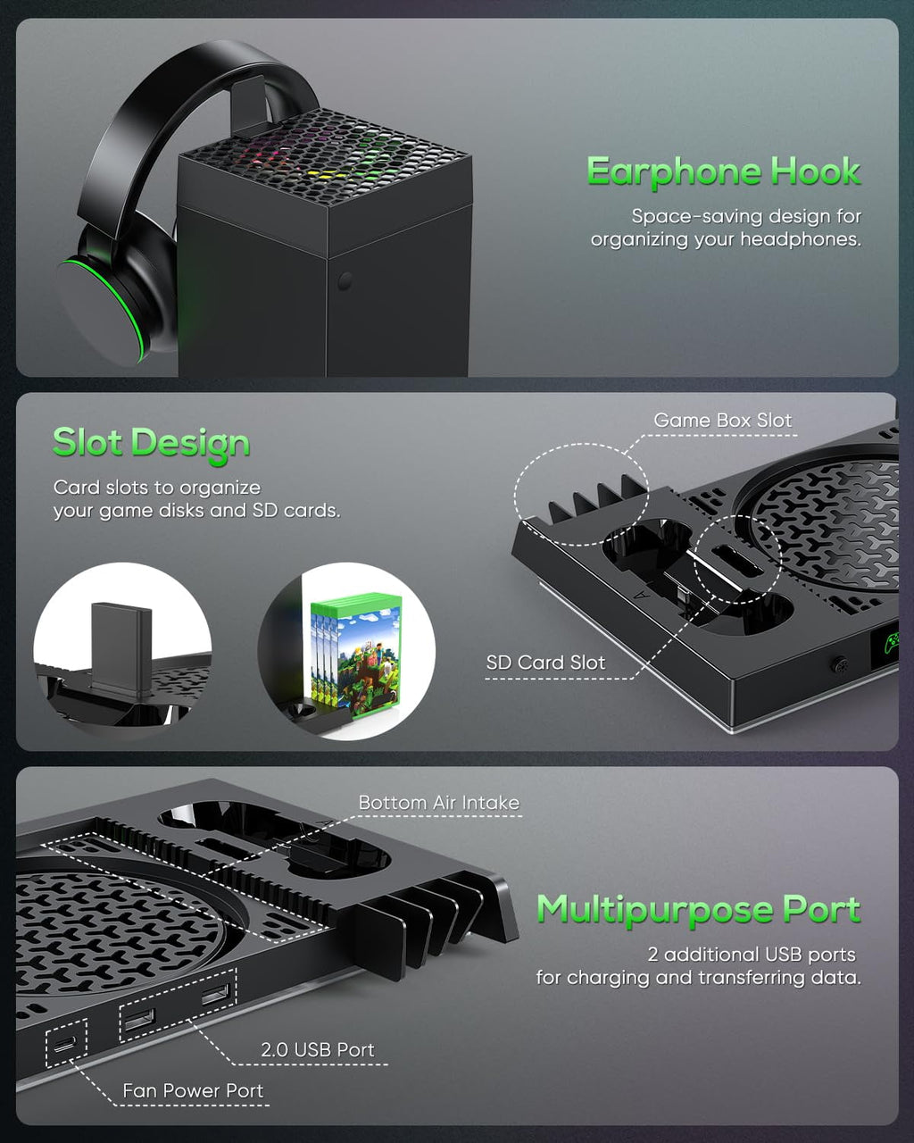Auto Cooling Fan and Charge Stand Accessories for Xbox Series X Console with 15 Light Modes Wireless Dual Charger Dock for XSX Controller Headset Stand & Game Disc Storage