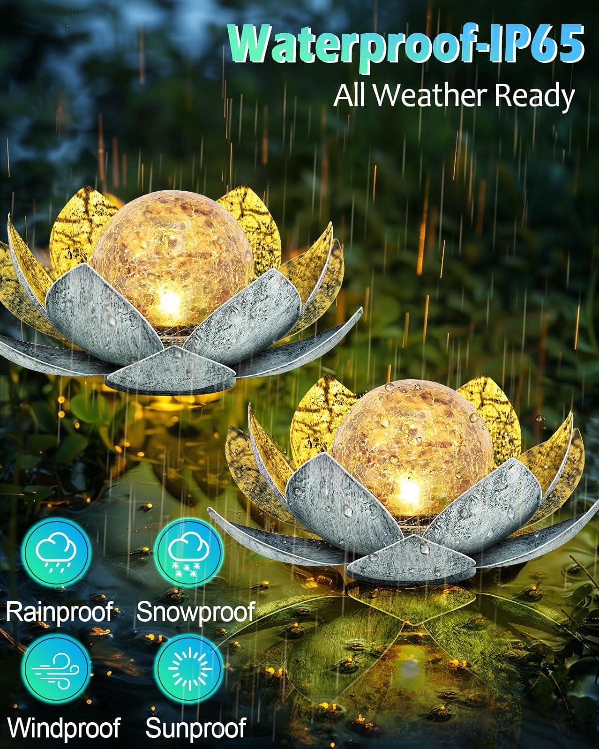 Garden Solar Light Outdoor Amber Crackle Globe Glass Lotus Decoration Waterproof Gary Metal LED Flower Lights for Patio Lawn Walkway Tabletop Garden Gifts for Women