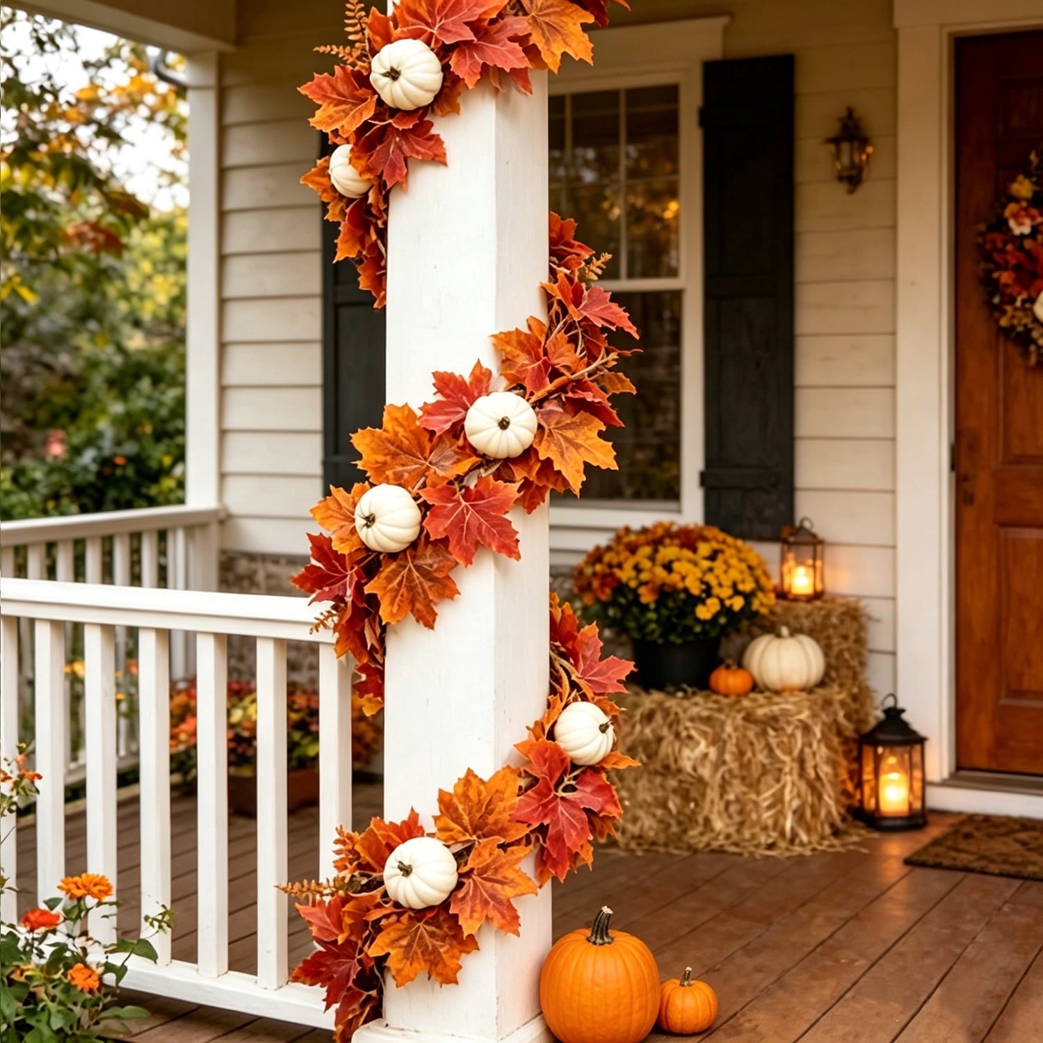 2 Pack Fall Maple Leaf Garland 5.9ft/Piece Artificial Autumn Maple Leaves Decorations Garland with White Pumpkin Fall Thanksgiving Decorations for Home Door Mantel Fireplace Decor Orange