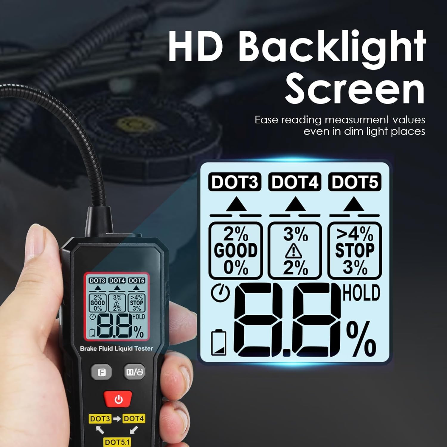 8.5-inch Digital Brake Fluid Tester Brake Fluid Moisture Tester with Light LCD Screen Data Hold 3 Colors Alarm for Auto Care for DOT3 DOT4 DOT5.1