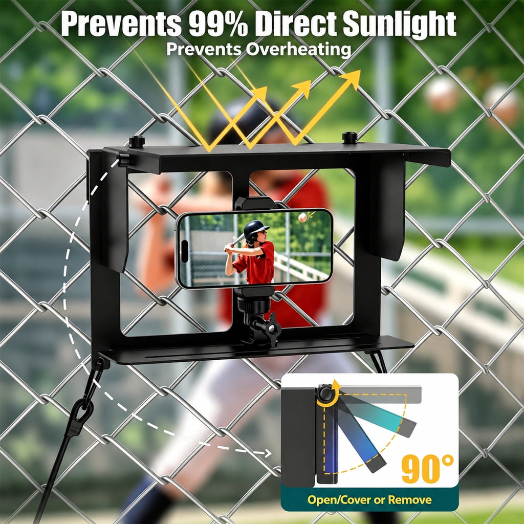 Cell Phone Fence Mount with Shade Camera Fence Clip Holder Mounting Kit Fence Mount with Power Bank Clip for Phone & Action Cameras for Recording Baseball Tennis Sports Games