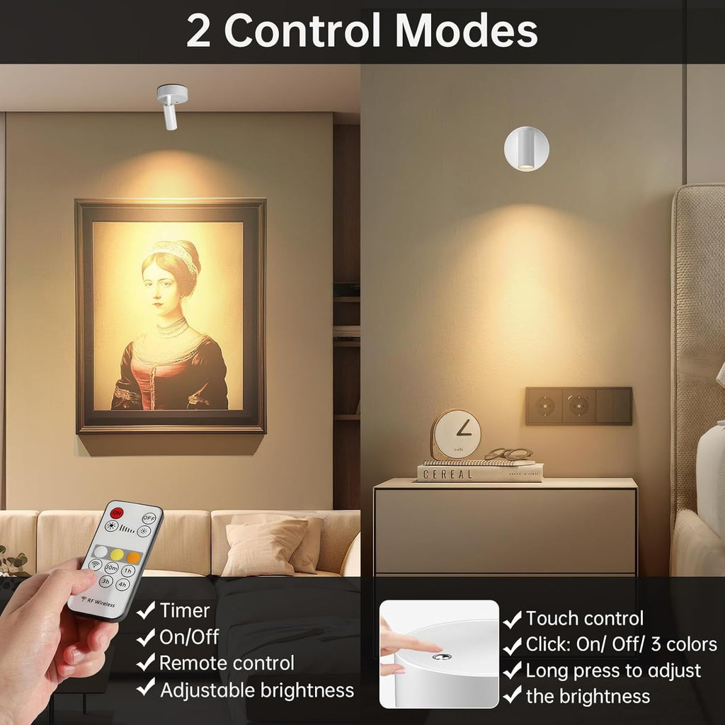Wireless Led Spotlight Indoor Rechargeable Uplighting Indoor with Remote Dimmable 350° Rotate Battery Powered Ceiling Spotlight for Artwork Painting Tree White 2pcs