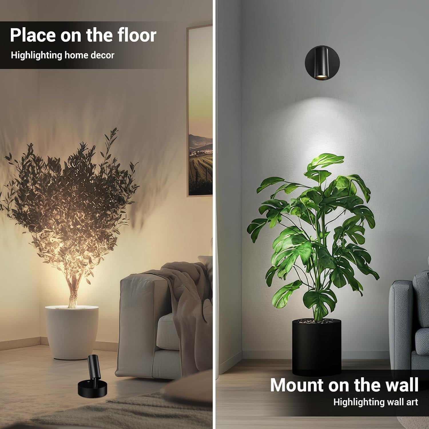 Wireless Led Spotlight Indoor Rechargeable Uplighting Indoor with Remote Dimmable 350° Rotate Battery Powered Ceiling Spotlight for Artwork Painting Tree Black 1pcs