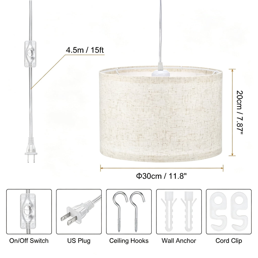 Plug in Pendant Light Hanging Light with 15Ft Plug in Cord & ON/Off Switch Rustic Farmhouse Pendant Lighting Fixtures for Bedroom Dining Living Room Home Decor (Beige Without Bulb)