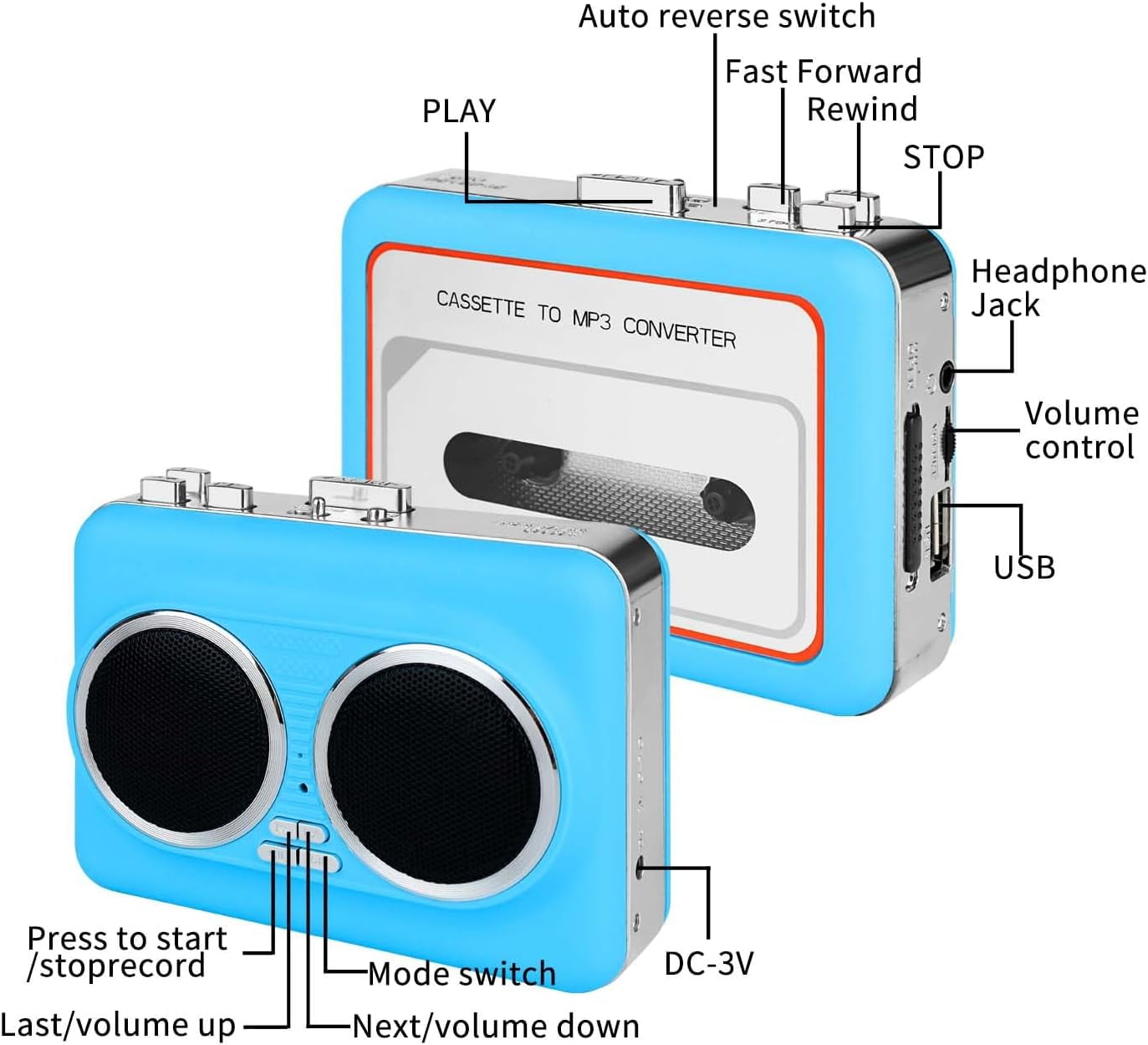 Portable Cassette Player with Auto Reverse Convert Tapes to Digital Files via USB Cassette Audio Player Tape to MP3 Converter Powered by USB Power Cord or AA Battery - Blue