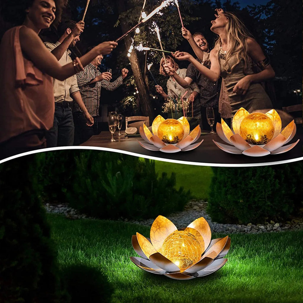 Garden Solar Light Outdoor Amber Crackle Globe Glass Lotus Decoration Waterproof Gary Metal LED Flower Lights for Patio Lawn Walkway Tabletop Garden Gifts for Women