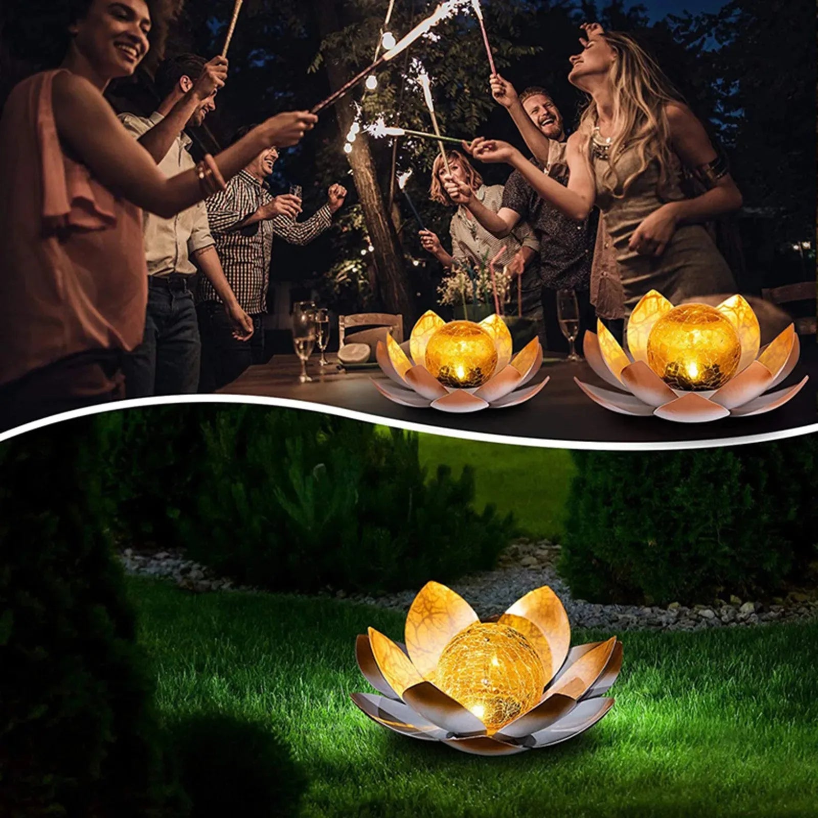 Garden Solar Light Outdoor Amber Crackle Globe Glass Lotus Decoration Waterproof Gary Metal LED Flower Lights for Patio Lawn Walkway Tabletop Garden Gifts for Women