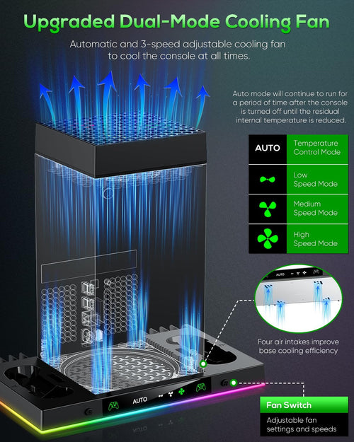 Auto Cooling Fan and Charge Stand Accessories for Xbox Series X Console with 15 Light Modes Wireless Dual Charger Dock for XSX Controller Headset Stand & Game Disc Storage