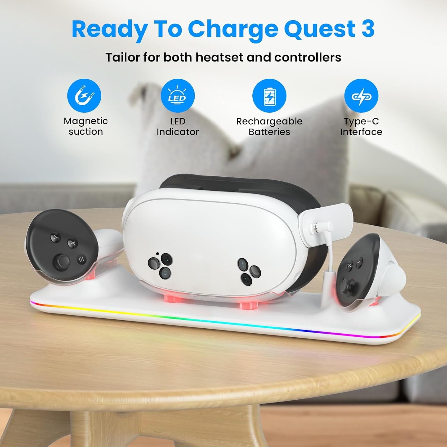 VR Charging Dock for Oculus/Meta Quest 3S - Magnetic Docking Station with LED Light - Charging Stationo Display with 2 * 1800Mah Rechargeable Batteries - VR Charging Stand Support Elite Strap White
