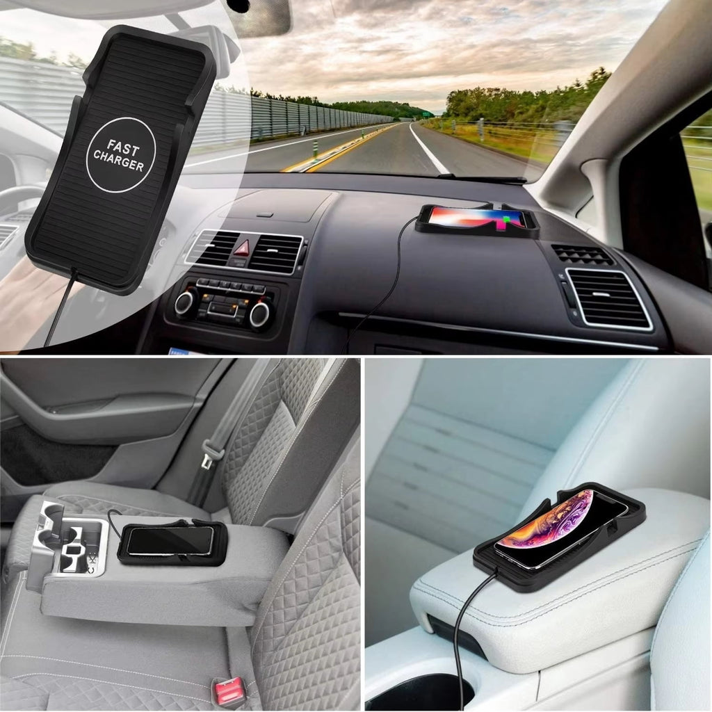 AmzDoer Wireless Car Charger 15W Fast Wireless Charging Station with Non-Slip Pad Wireless Phone Charger Cell Phone Flat Charging mat Compatible