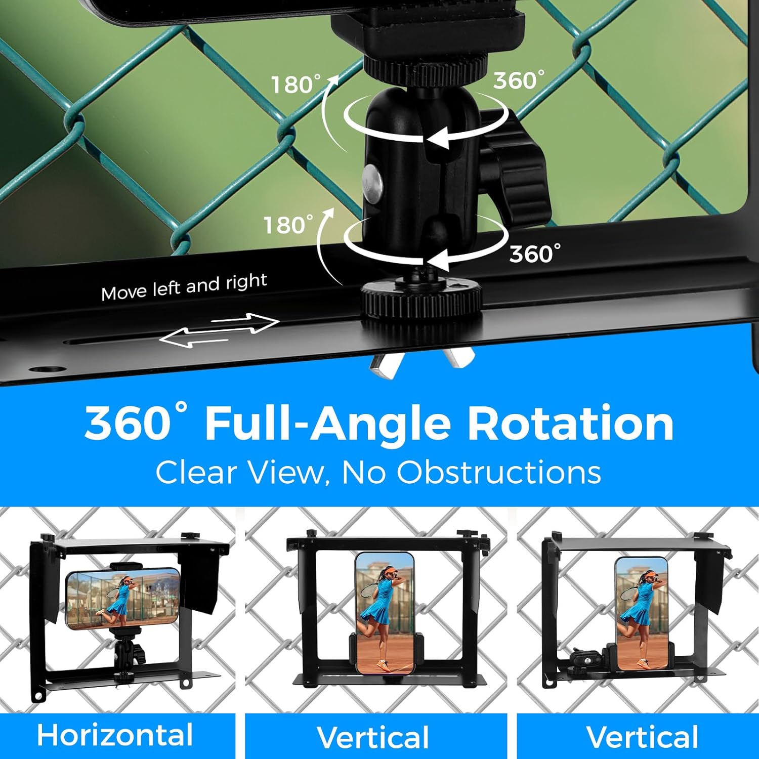 Cell Phone Fence Mount with Shade Camera Fence Clip Holder Mounting Kit Fence Mount with Power Bank Clip for Phone & Action Cameras for Recording Baseball Tennis Sports Games