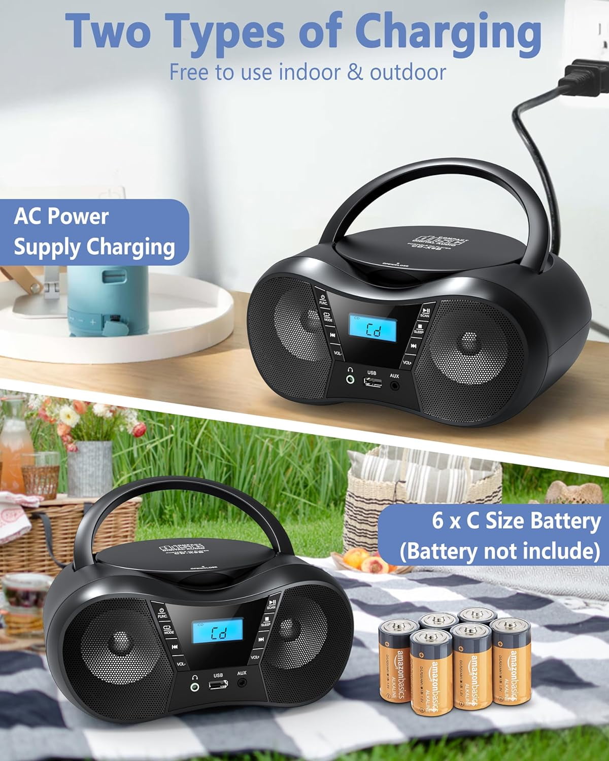 Prociv CD Player Boombox with FM Radio Bluetooth 5.1 Clear Sound LCD Display USB/AUX Input AC/Battery Powered CD/CD-R/CD-RW Compatible 3.5mm Headphone Jack Sleep Timer for Home Seniors Kids Black