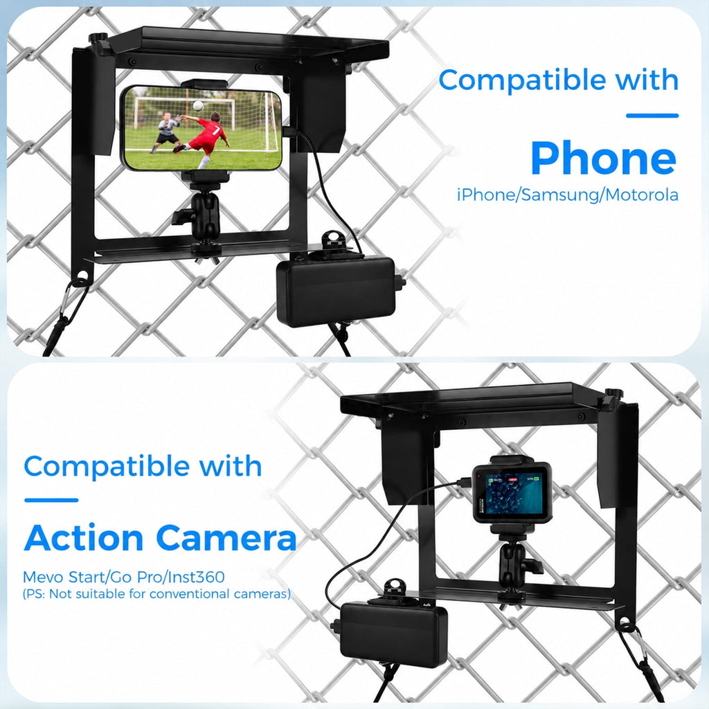 Cell Phone Fence Mount with Shade Camera Fence Clip Holder Mounting Kit Fence Mount with Power Bank Clip for Phone & Action Cameras for Recording Baseball Tennis Sports Games