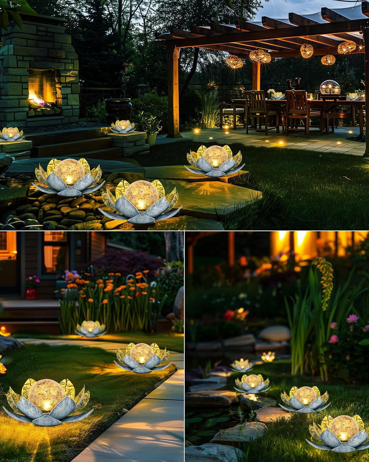 Garden Solar Light Outdoor Amber Crackle Globe Glass Lotus Decoration Waterproof Gary Metal LED Flower Lights for Patio Lawn Walkway Tabletop Garden Gifts for Women