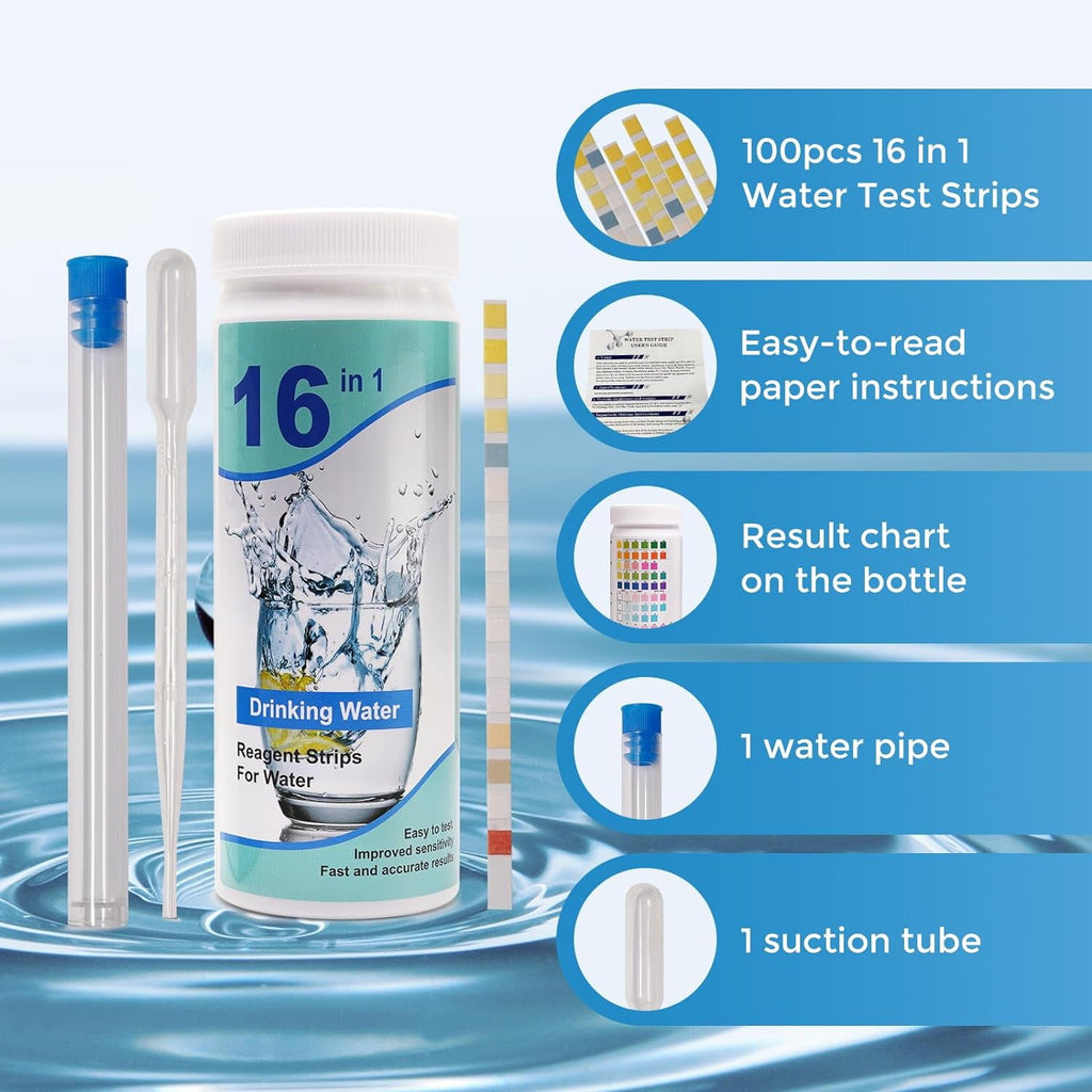 Wiher 16 in 1 Water Testing Strips Water Testing Kits for Drinking Pool Water 100 Strips Home Water Quality Test Kit Testing for pH Hardness Chlorine Lead Iron Copper Nitrate Nitrite