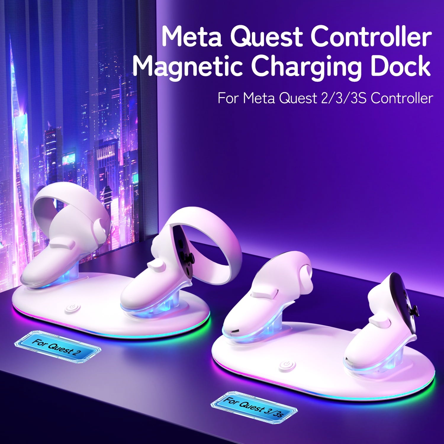 Charging Dock for Meta Quest 3S/Quest 3/Quest 2 Controller Oculus Quest 3 Magnetic Wireless Charging Station for Grip Controller with 2 Rechargeable Batteries & USB-C Cable White