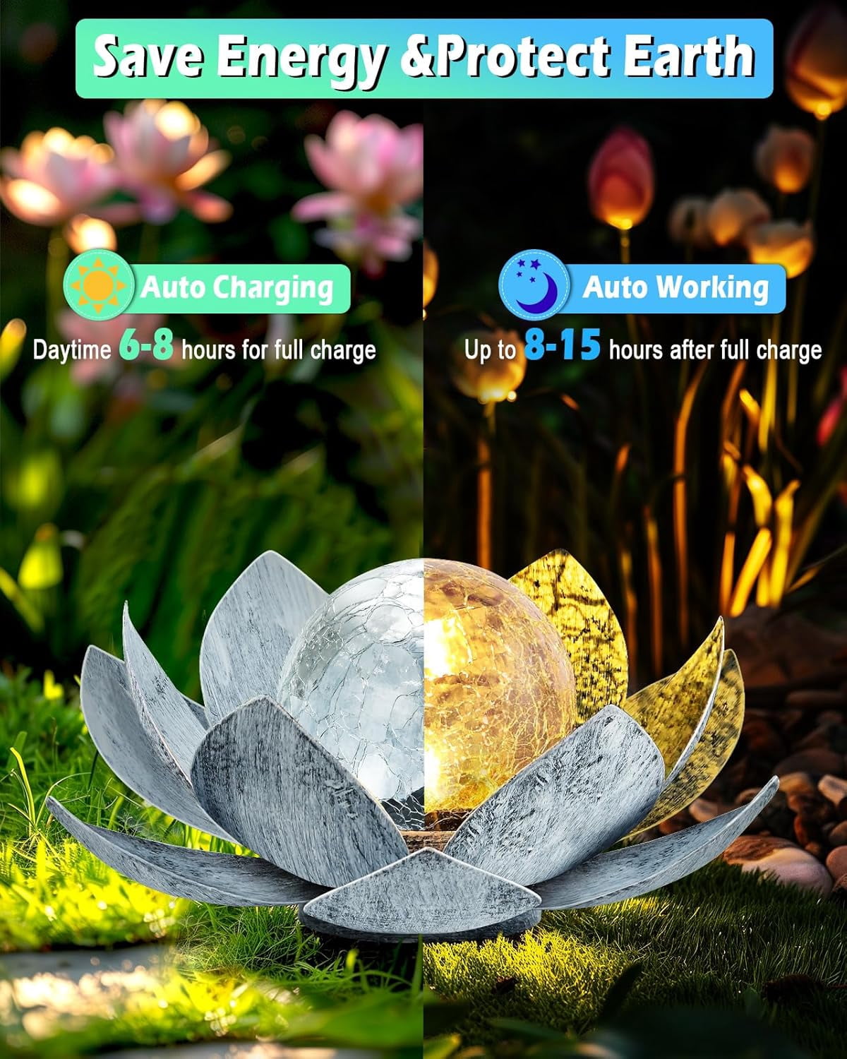 Garden Solar Light Outdoor Amber Crackle Globe Glass Lotus Decoration Waterproof Gary Metal LED Flower Lights for Patio Lawn Walkway Tabletop Garden Gifts for Women