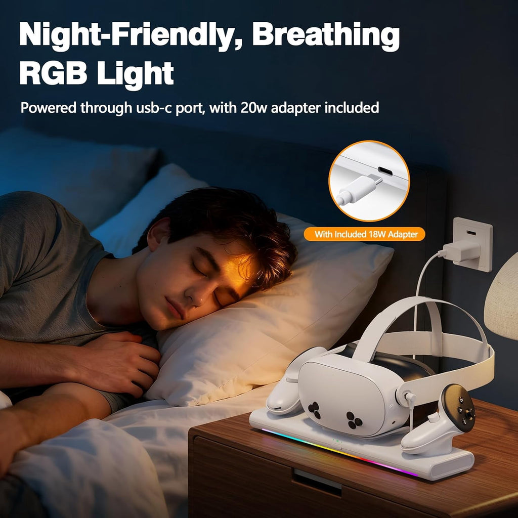 VR Charging Dock for Meta Quest 3S/3/2 PD 20W Fast Charging Station Meta/Oculus Quest 3S/3/2 Accessories Magnetic Charger Stand for VR Headset/Controller RGB Light Rechargeable Batteries
