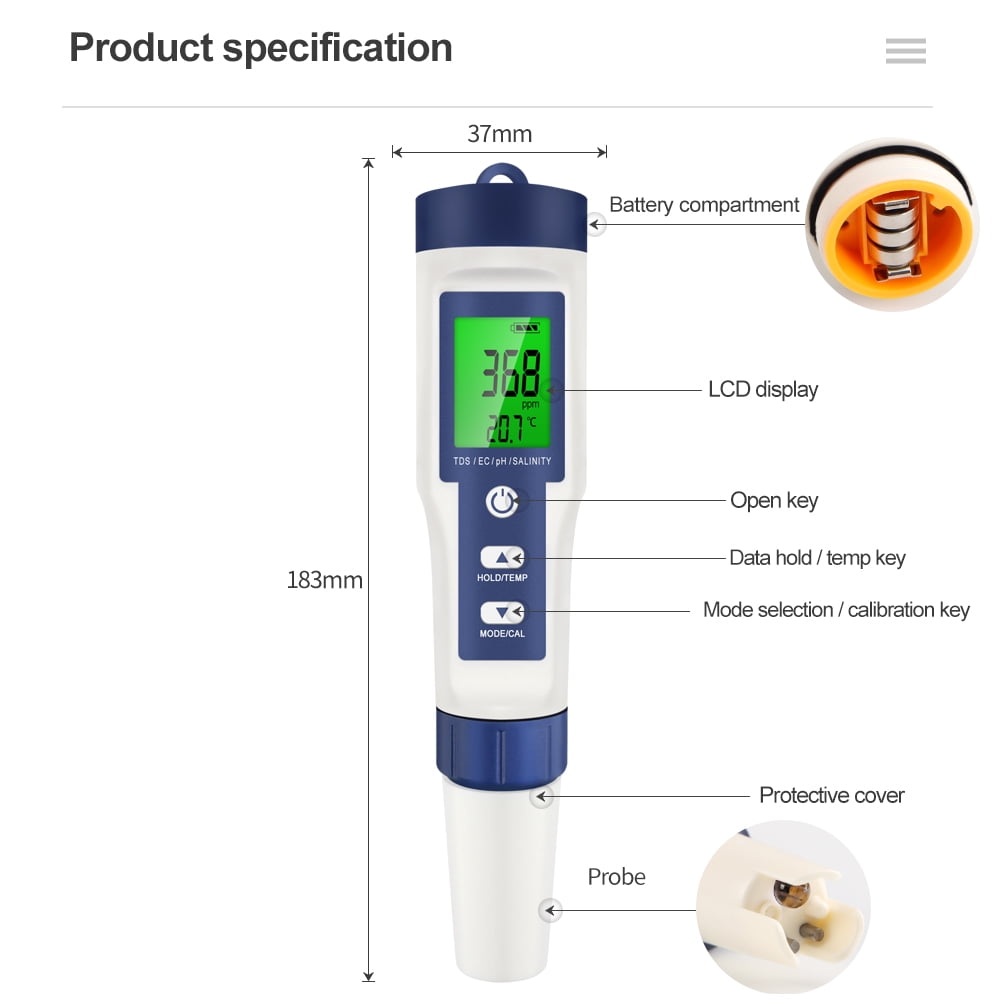 Digital PH Meter 5 in 1 Pool Salt Tester for Water PH / TDS / EC / Salinity / Temp Meter with ATC for Household Drinking Water Hot Tub Spas Fish Tank