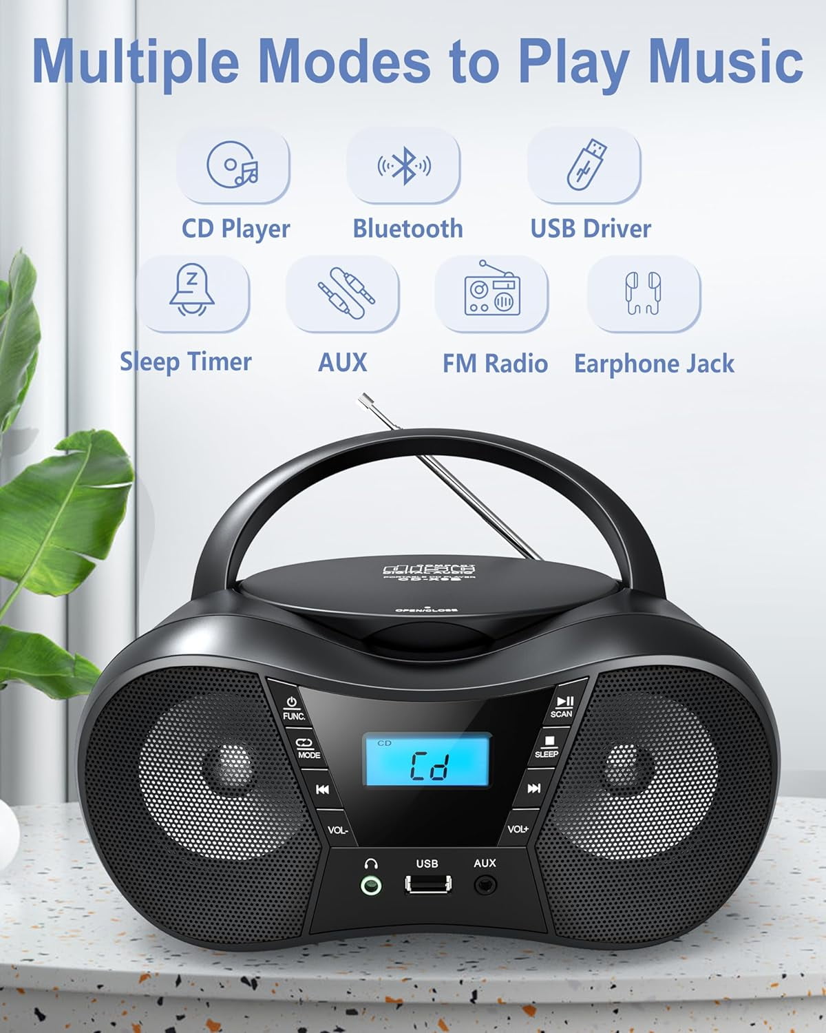 Prociv CD Player Boombox with FM Radio Bluetooth 5.1 Clear Sound LCD Display USB/AUX Input AC/Battery Powered CD/CD-R/CD-RW Compatible 3.5mm Headphone Jack Sleep Timer for Home Seniors Kids Black