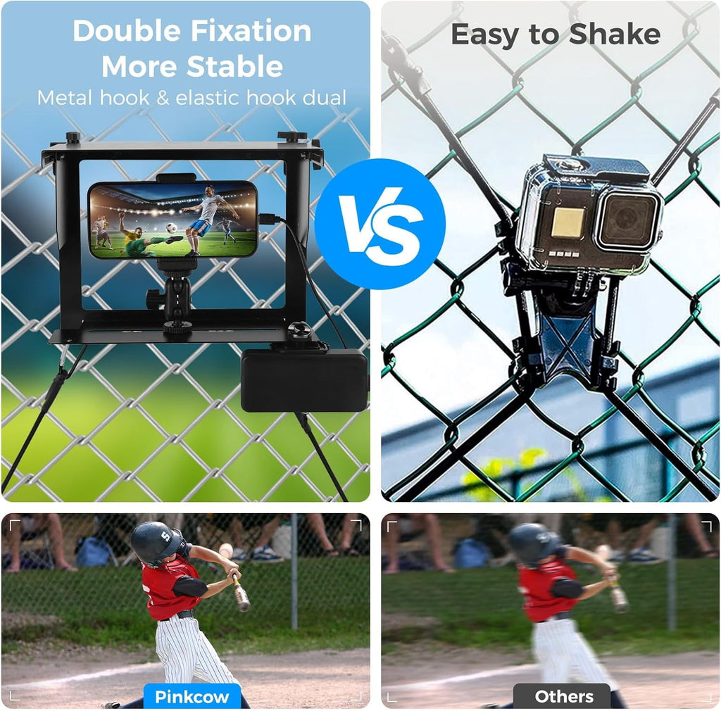 Cell Phone Fence Mount with Shade Camera Fence Clip Holder Mounting Kit Fence Mount with Power Bank Clip for Phone & Action Cameras for Recording Baseball Tennis Sports Games
