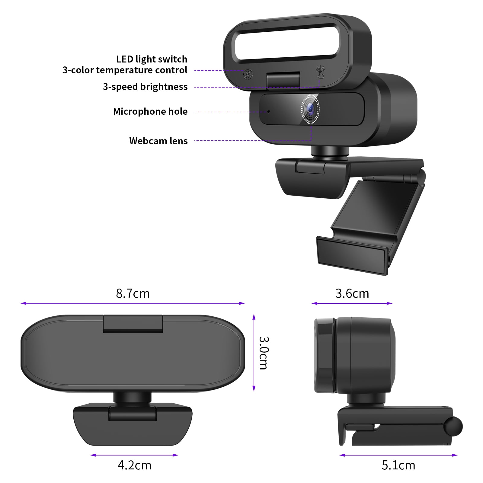 Webcam with Microphone 4K USB Webcam for PC Desktop & Laptop Ring Light and 3-Level Brightness Computer Camera with Privacy Cover & Tripod Stand for Computer/PC/Laptop/Desktop