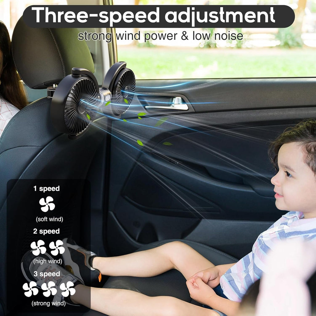 Dual Head Car Fan USB Cooling Fans for Backseat 360° Rotatable Car Seat Headrest Fan for Kids Dog Rear Facing 3-Speed Separate Controlled Car Backseat Fan Air Circulation for Vehicle SUV RV Trunk