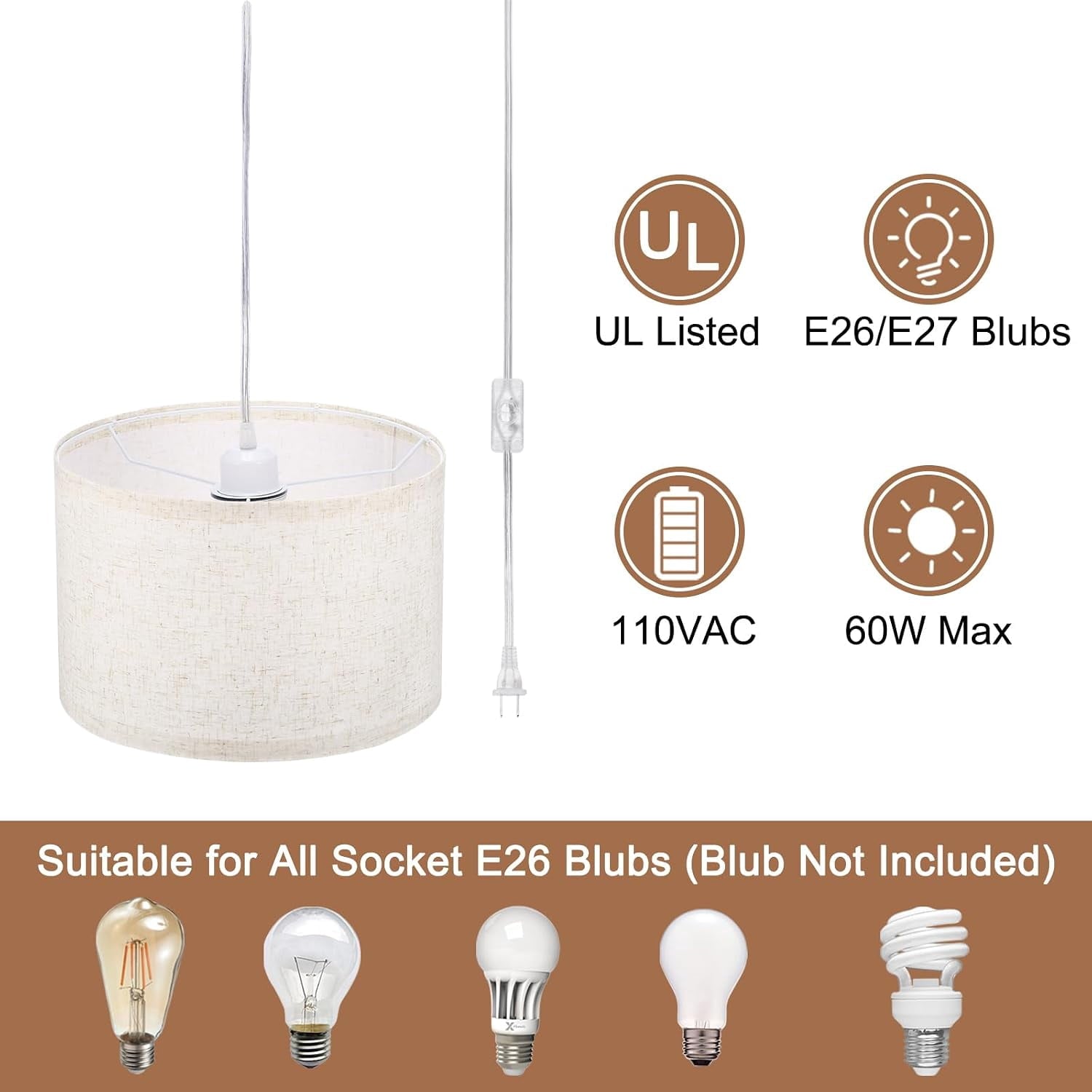 Plug in Pendant Light Hanging Light with 15Ft Plug in Cord & ON/Off Switch Rustic Farmhouse Pendant Lighting Fixtures for Bedroom Dining Living Room Home Decor (Beige Without Bulb)