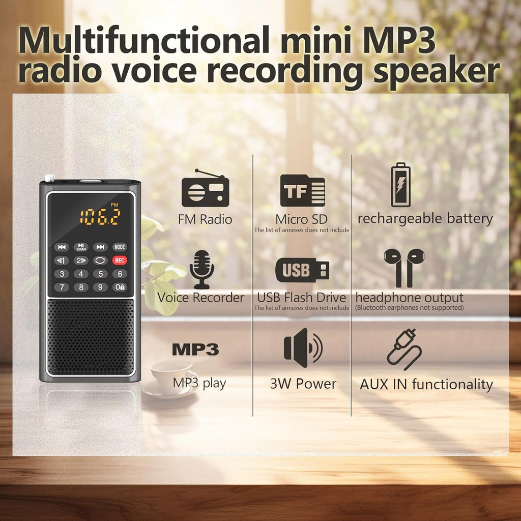 Pocket FM Radio Mini Pocket Radio with Recorder MP3 Player with Lock Key SD Card Player Battery Operated Travel Small Pocket Radio for Walking Camping Black