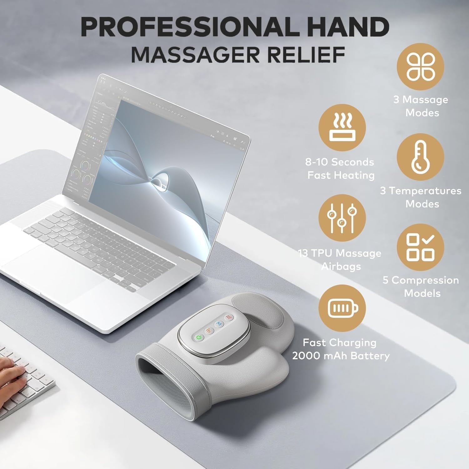 Hand Massager with Heat & Compression - Relieves Hand Fatigue & Soreness - Wrists & Fingers Massager for Stress & Pain Relief - Cordless Hand Massager for Arthritis & Carpal Tunnel - Ideal Gift