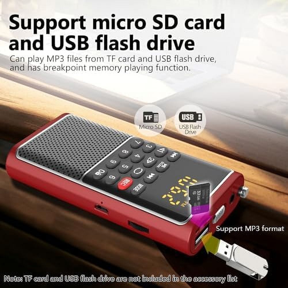 AmzDoer Small FM Radio - Pocket Portable Radio Rechargeable Battery Operated Supports USB/TF Card Mp3 Player Numeric Key ideal for Senior Home Camping Radio Red